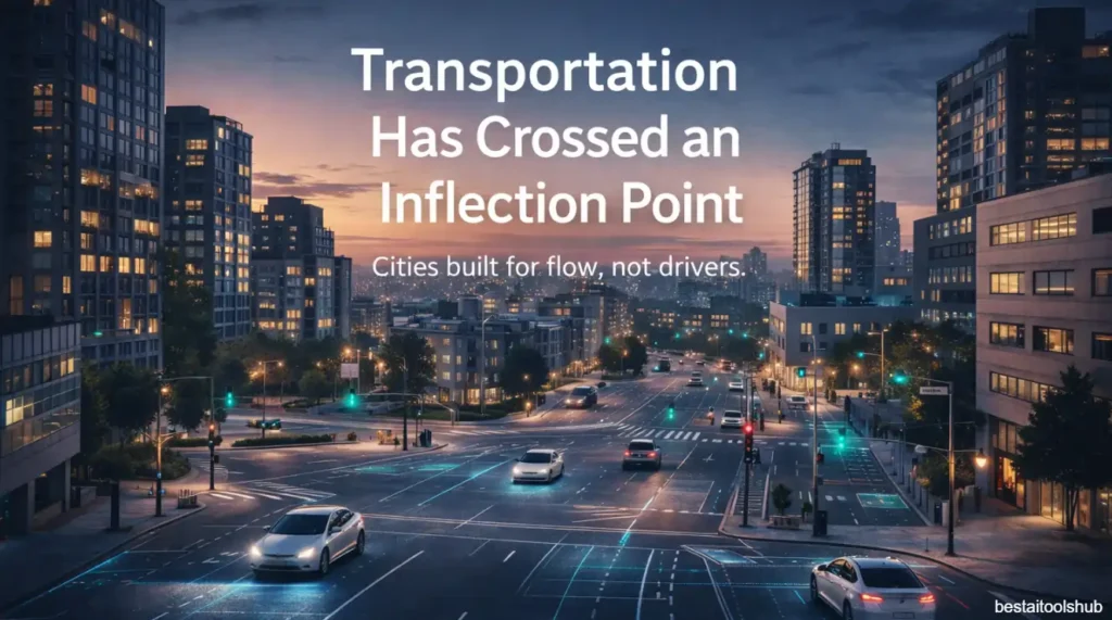 Tesla robotaxis operating autonomously in a smart city at dusk,