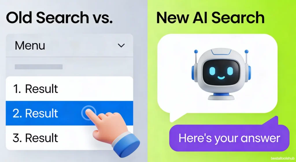 Answer Engine Optimization (AEO) in 2026: A Quiet Change in How Search Works 2 Old search results with many links and ads compared to AI delivering one clear answer.